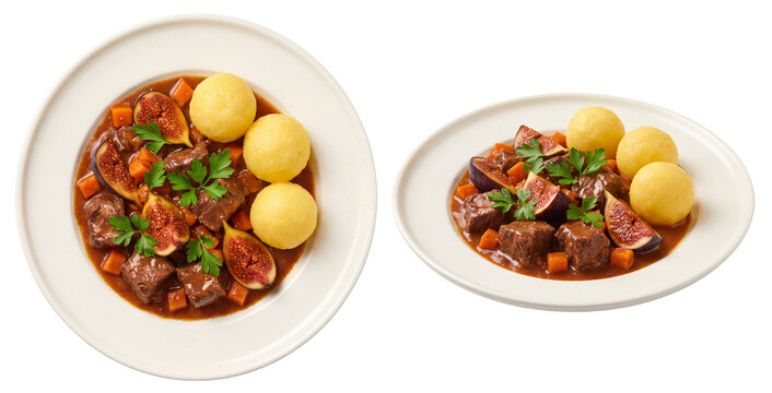 hearty beef goulash stew served with potato dumplings and fresh figs on a plate