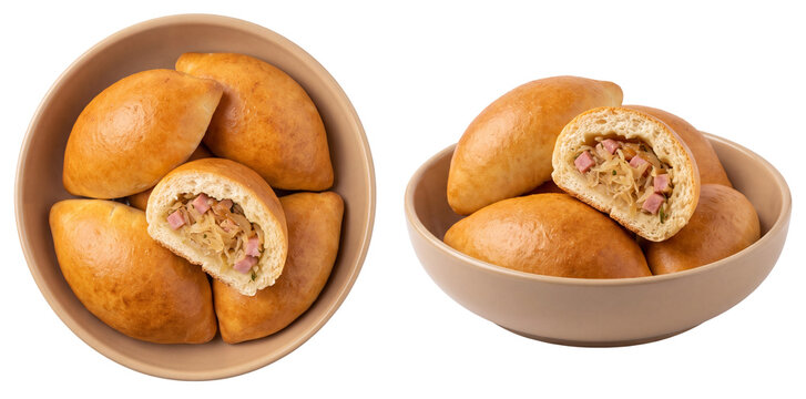 golden baked buns stuffed with sauerkraut and ham served in a ceramic bowl