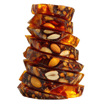 Surreal stacked tower of crunchy almond brittle candy with translucent amber caramelized sugar concept of traditional confectionery croquant gourmet sweets isolated on transparent background 
