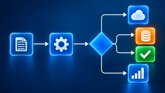 Glowing digital flowchart diagram showing document processing decision tree and automated data routing to cloud database and analytics