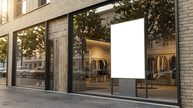 Modern retail storefront with empty sign and clothing display inside  