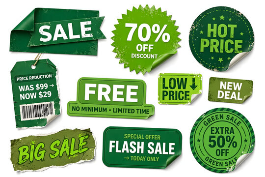 Sale stickers and labels with discounts in green colors  