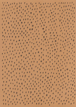 Minimal aerial view of hundreds of scattered anonymous human silhouettes casting long shadows on a vibrant color background.
