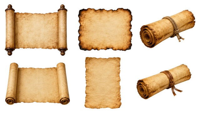 Assorted aged parchment papers and scrolls with burned and torn edges, shown rolled and flat, some tied with rope, on a transparent background