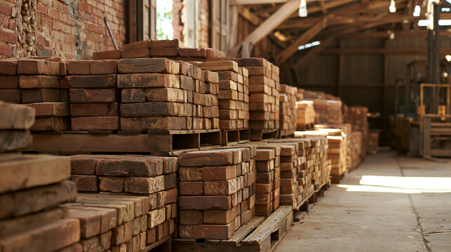 Intact reclaimed bricks sorted by size in separate storage bays