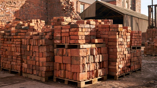 Reclaimed bricks sorted by size in separate storage bays