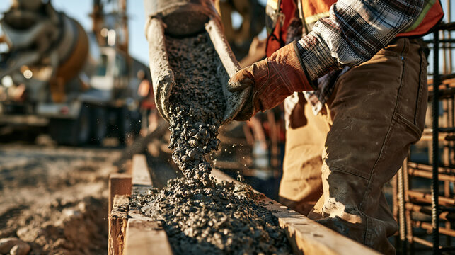 Construction worker pouring concrete into timber foundation