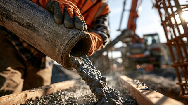 Construction worker pouring concrete into timber foundation