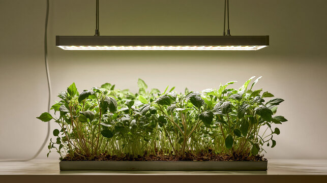 Rectangular LED grow-light panel hanging overhead