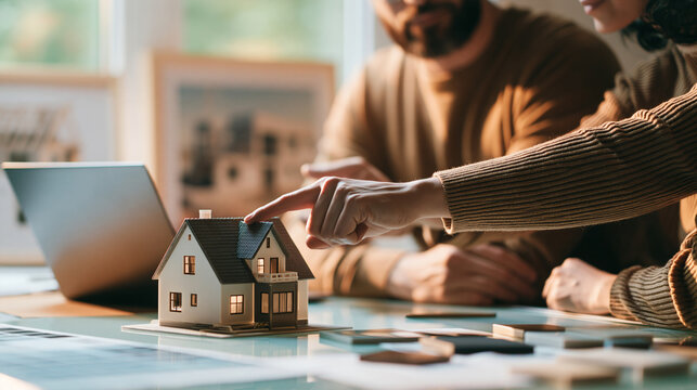 Architect pointing to the roof section of a house