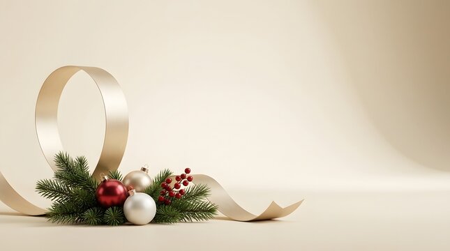 A minimalist 3d christmas scene festive decorations and a soft dreamy aesthetic