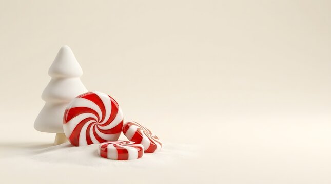 A minimalist 3d christmas scene featuring candy canes presents and a small evergreen tree