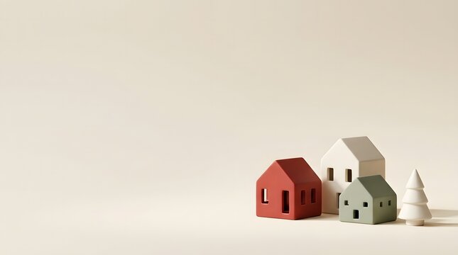 Minimalist 3d christmas scene with charming houses and a festive winter wonderland aesthetic