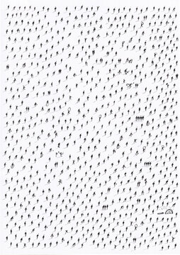 Minimal aerial view of hundreds of scattered anonymous human silhouettes casting long shadows on a vibrant color background.