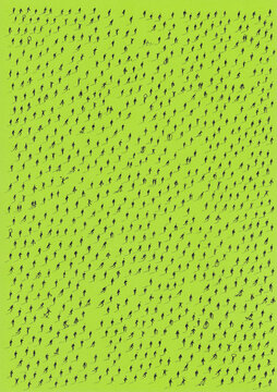 Minimal aerial view of hundreds of scattered anonymous human silhouettes casting long shadows on a vibrant color background.