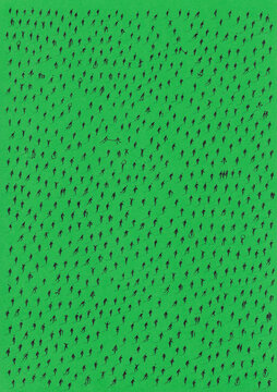 Minimal aerial view of hundreds of scattered anonymous human silhouettes casting long shadows on a vibrant color background.