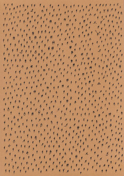 Minimal aerial view of hundreds of scattered anonymous human silhouettes casting long shadows on a vibrant color background.