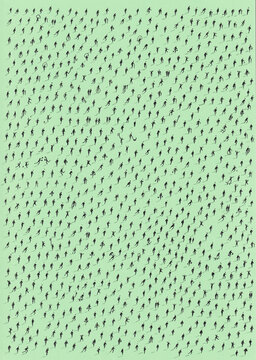 Minimal aerial view of hundreds of scattered anonymous human silhouettes casting long shadows on a vibrant color background.