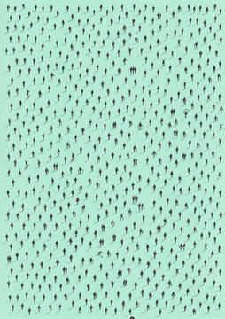 Minimal aerial view of hundreds of scattered anonymous human silhouettes casting long shadows on a vibrant color background.