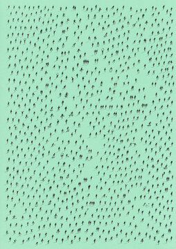 Minimal aerial view of hundreds of scattered anonymous human silhouettes casting long shadows on a vibrant color background.