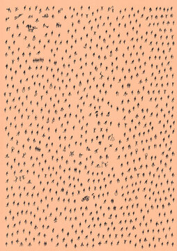 Minimal aerial view of hundreds of scattered anonymous human silhouettes casting long shadows on a vibrant color background.