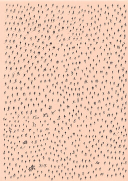 Minimal aerial view of hundreds of scattered anonymous human silhouettes casting long shadows on a vibrant color background.