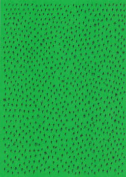 Minimal aerial view of hundreds of scattered anonymous human silhouettes casting long shadows on a vibrant color background.
