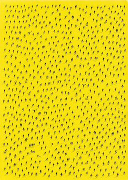 Minimal aerial view of hundreds of scattered anonymous human silhouettes casting long shadows on a vibrant color background.