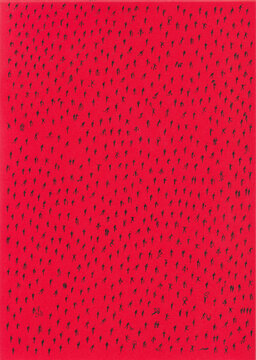 Minimal aerial view of hundreds of scattered anonymous human silhouettes casting long shadows on a vibrant color background.