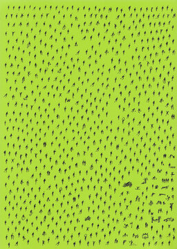 Minimal aerial view of hundreds of scattered anonymous human silhouettes casting long shadows on a vibrant color background.
