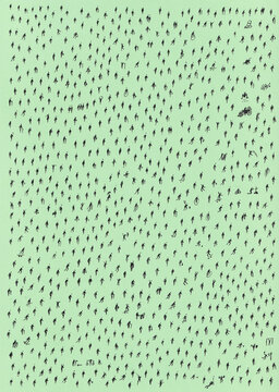 Minimal aerial view of hundreds of scattered anonymous human silhouettes casting long shadows on a vibrant color background.