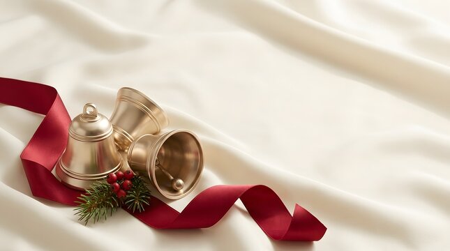 Elegant christmas ribbon and holly arrangement on a soft white textured background