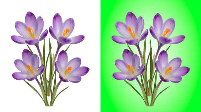 Four purple crocus flowers with green stems and orange stamens isolated on white background