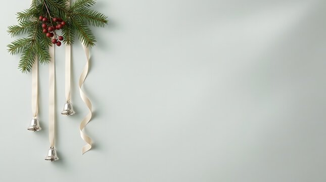 Minimalist christmas ribbon background with hanging festive decorations on a clean white wall surface