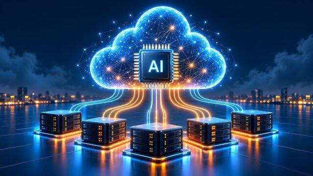Glowing digital cloud with artificial intelligence microchip transferring data streams to server racks representing machine learning computing and smart network infrastructure