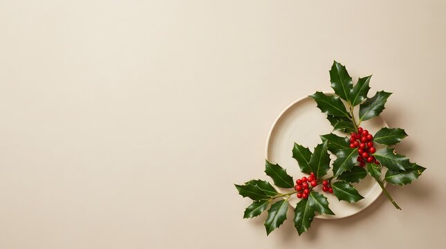 A serene christmas scene featuring a delicate holly wreath on a neutral background perfect for holiday