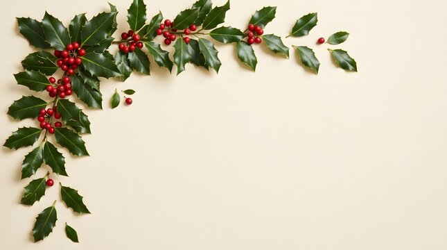 Festive holiday corner with holly berries and greenery perfect for christmas season greetings