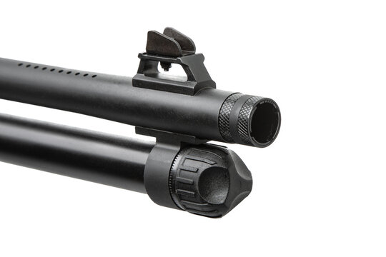 Close-up of tactical shotgun barrel and muzzle isolated on a white back