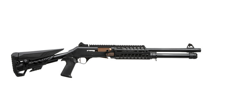 Modern tactical semi-automatic shotgun isolated on a white back