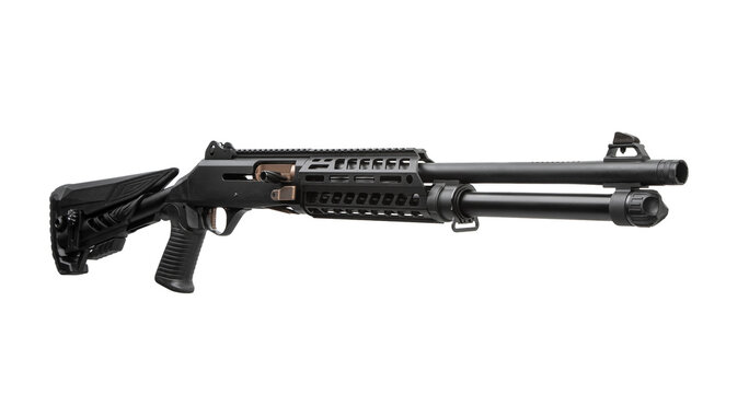 Black semi-automatic tactical shotgun isolated