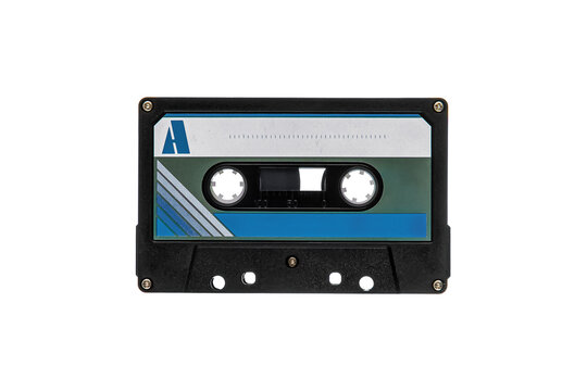 Black audio cassette tape with blue label isolated on white back