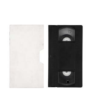 Black VHS video cassette with a white cover sleeve isolated on a white back