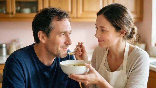 Happy couple sharing a hot drink together at a kitchen table during a cozy indoor moment.