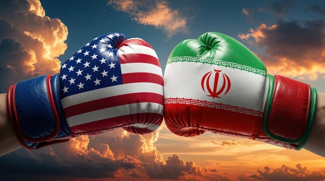 Boxing gloves with USA, Iran flags clash against sunset sky. American, Persian symbols fight in geopolitical rivalry. Concept of international conflict, political tension, diplomatic struggle between