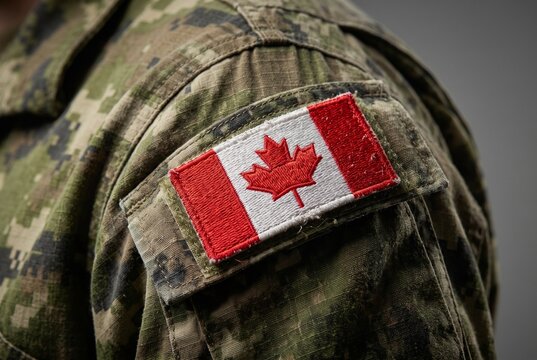 Close-up of Canadian flag patch on digital camouflage military uniform sleeve, Canada armed forces soldier and patriotism concept