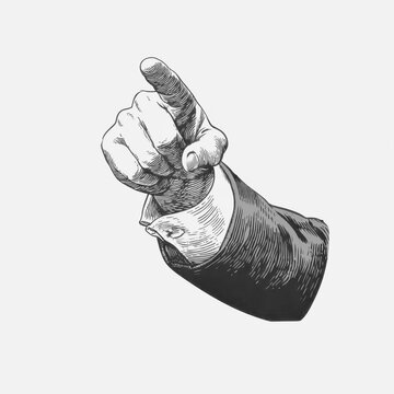 vintage retro engraved illustration of a mans hand in a formal business suit pointing forward with an authoritative gesture isolated on a clean background for graphic design and retro style projects