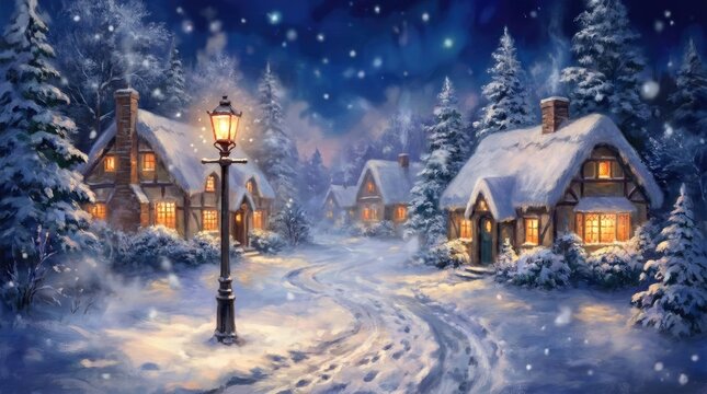 A magical snowy village scene during christmas day with glowing lights and winter atmosphere