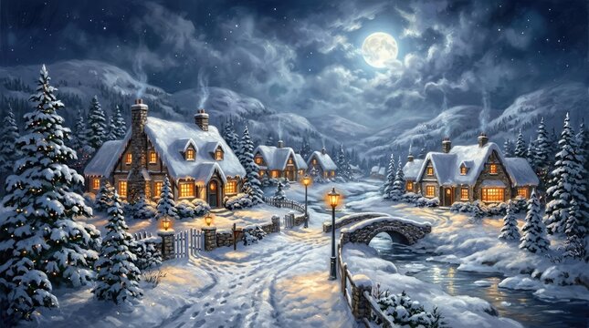 A beautiful snowy village scene at night celebrating the magic of christmas day season
