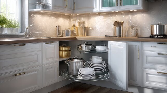 Open blind corner cabinet with pullout corner storage fully extended, showing cookware on wooden shelves inside warm kitchen cabinetry, white doors, bright countertop, and clean organized interior