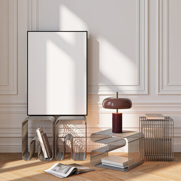 Modern Living Room Poster Frame Mockup with Natural Light and Minimalist Decoration. 3D render.